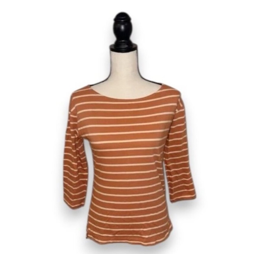 Madewell Rust and Cream Striped Boatneck Three-Quarter Sleeve Top